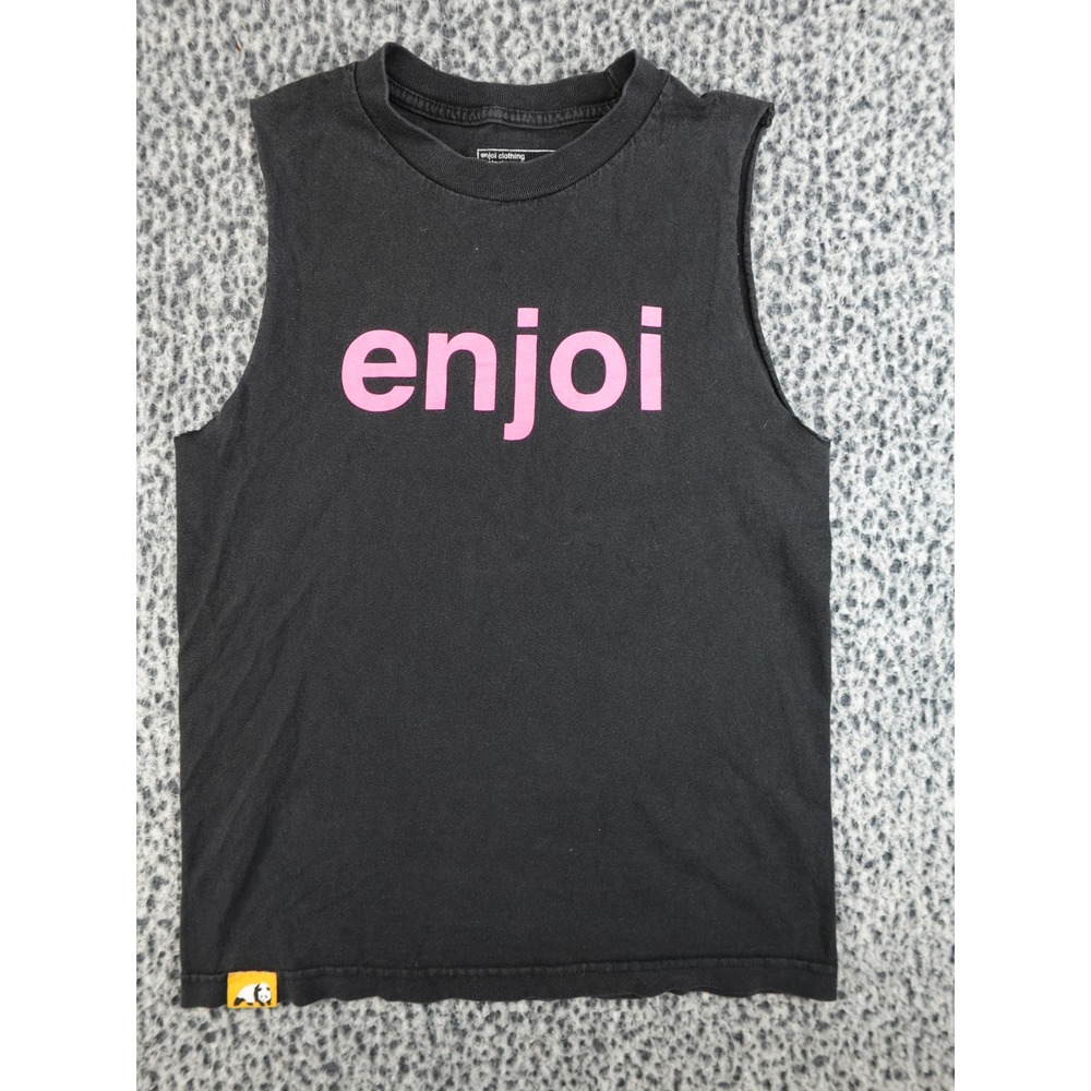 Enjoi Muscle Tank Top Mens Small Black Cut Off Sleeve Pink Logo Skate Tee